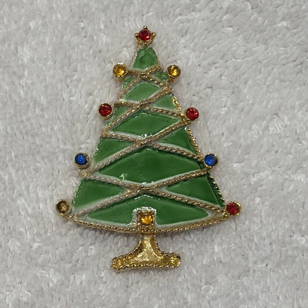 Vintage Weiss Christmas Tree Brooch Pin Green Enamel Spiral Rhinestone